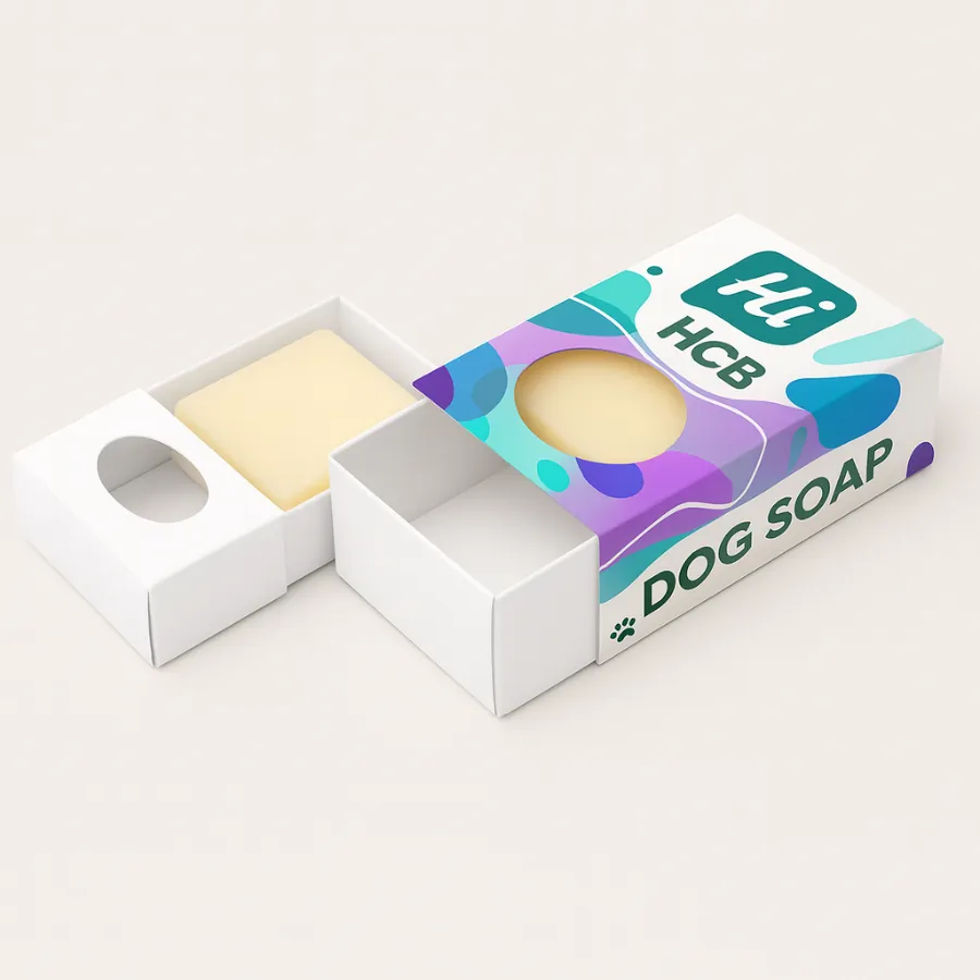Dog soap packaging as a drawer-style box- one plain- one custom-printed with a round window- class=